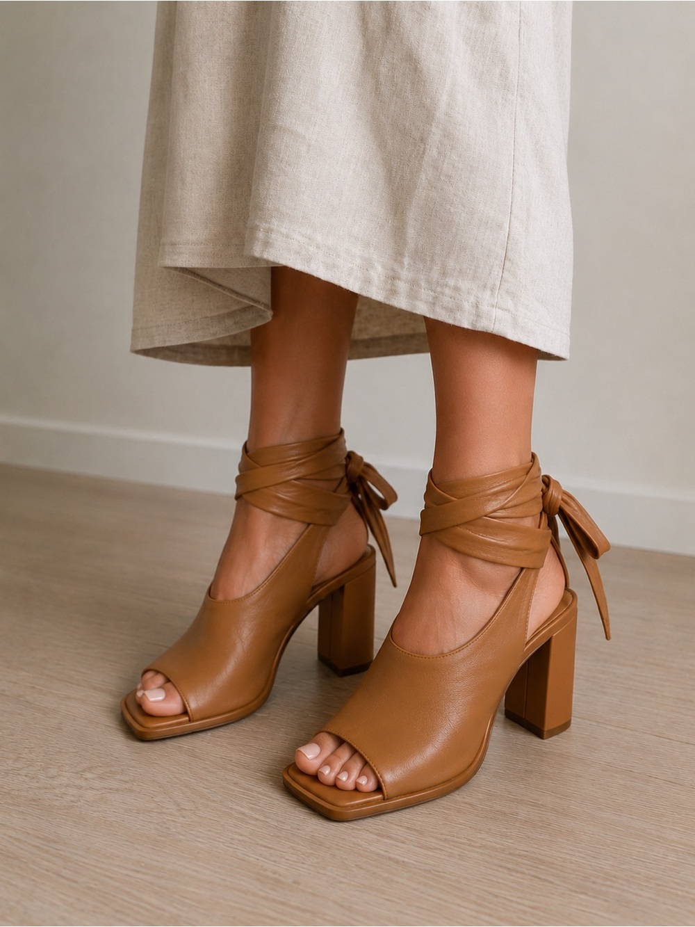 Women's Tan Wrap-Ankle Block Heel Sandals